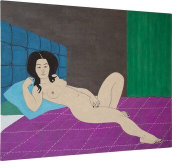 yves tessier nude woman reclining with blue pillow