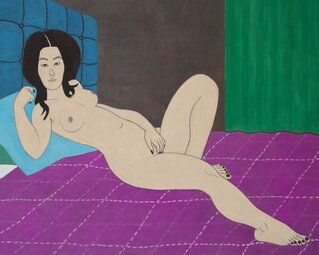 yves tessier nude woman reclining with blue pillow