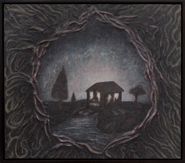 A Dan Herschlein painting of an isolated house at night