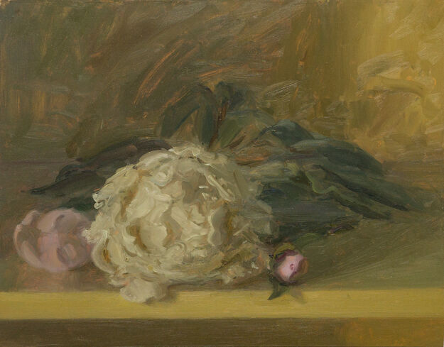A green-toned painting of peony flowers and buds resting on a table by Amy Applegate