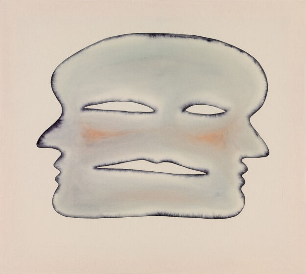 An Anousha Payne painting of the three-faced Irish Corkleck Head with hollow eyes and mouth and orange cheeks