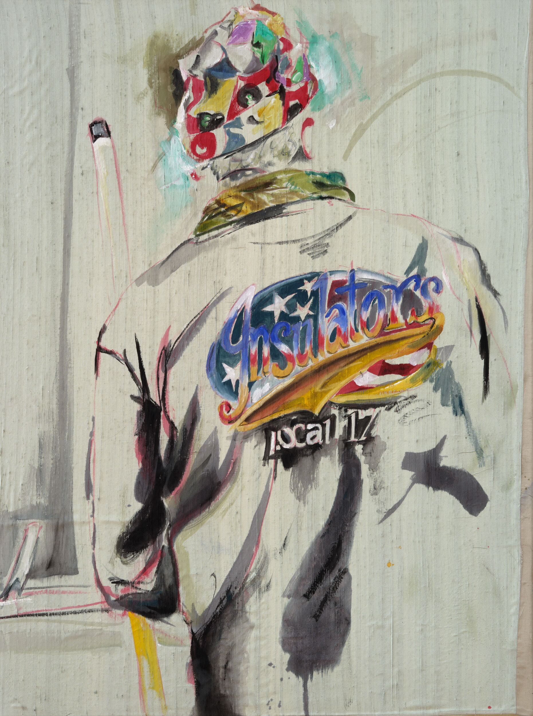 A Maggie Crowley portrait of the back of a person wearing a jacket emblazoned with a labor union slogan
