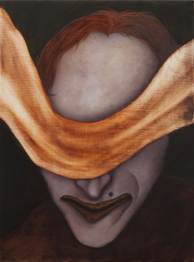 An Adam Alessi painting of a pale person being blindfolded with an orange cloth