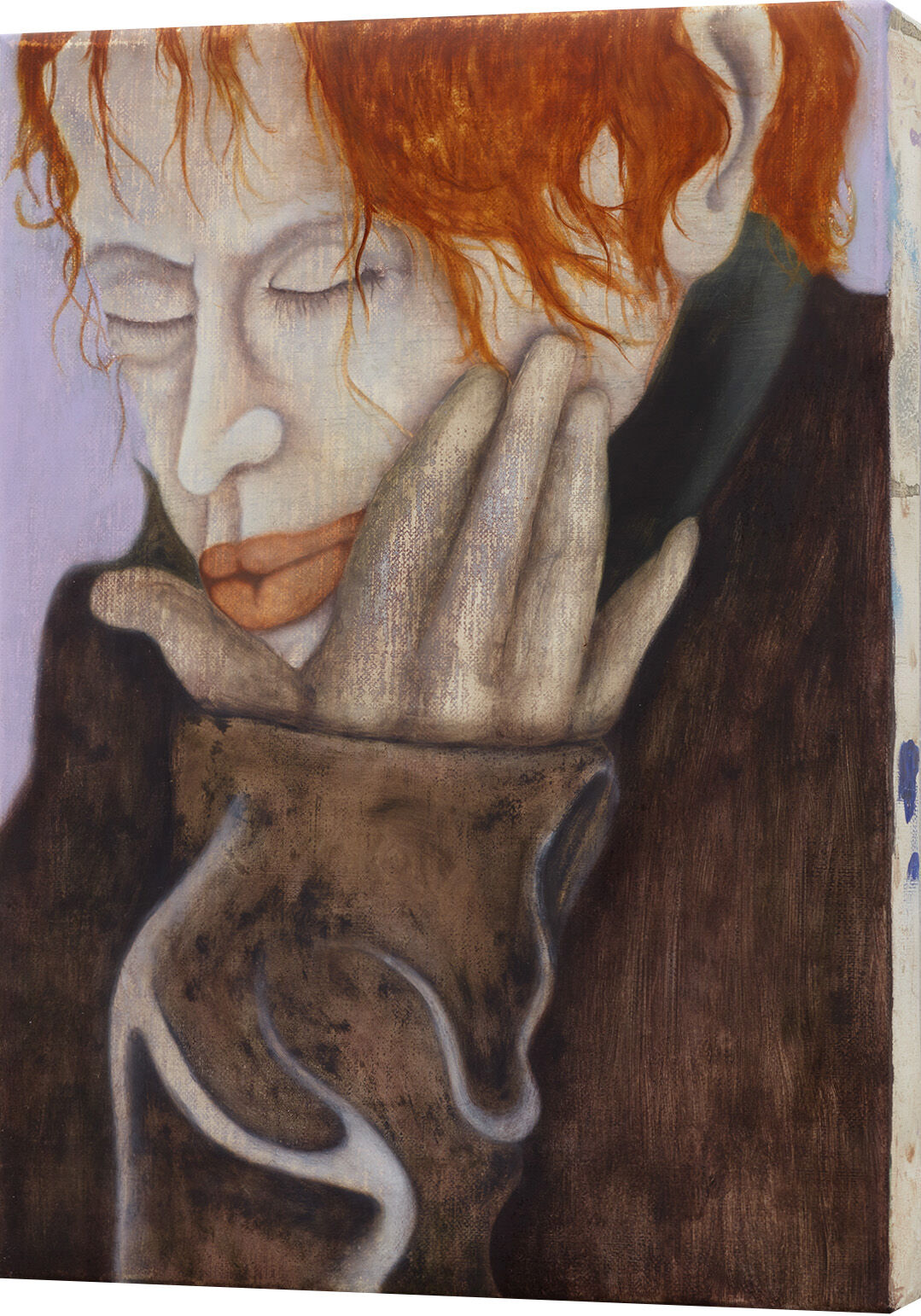 An Adam Alessi painting of a red-haired figure clutching their face
