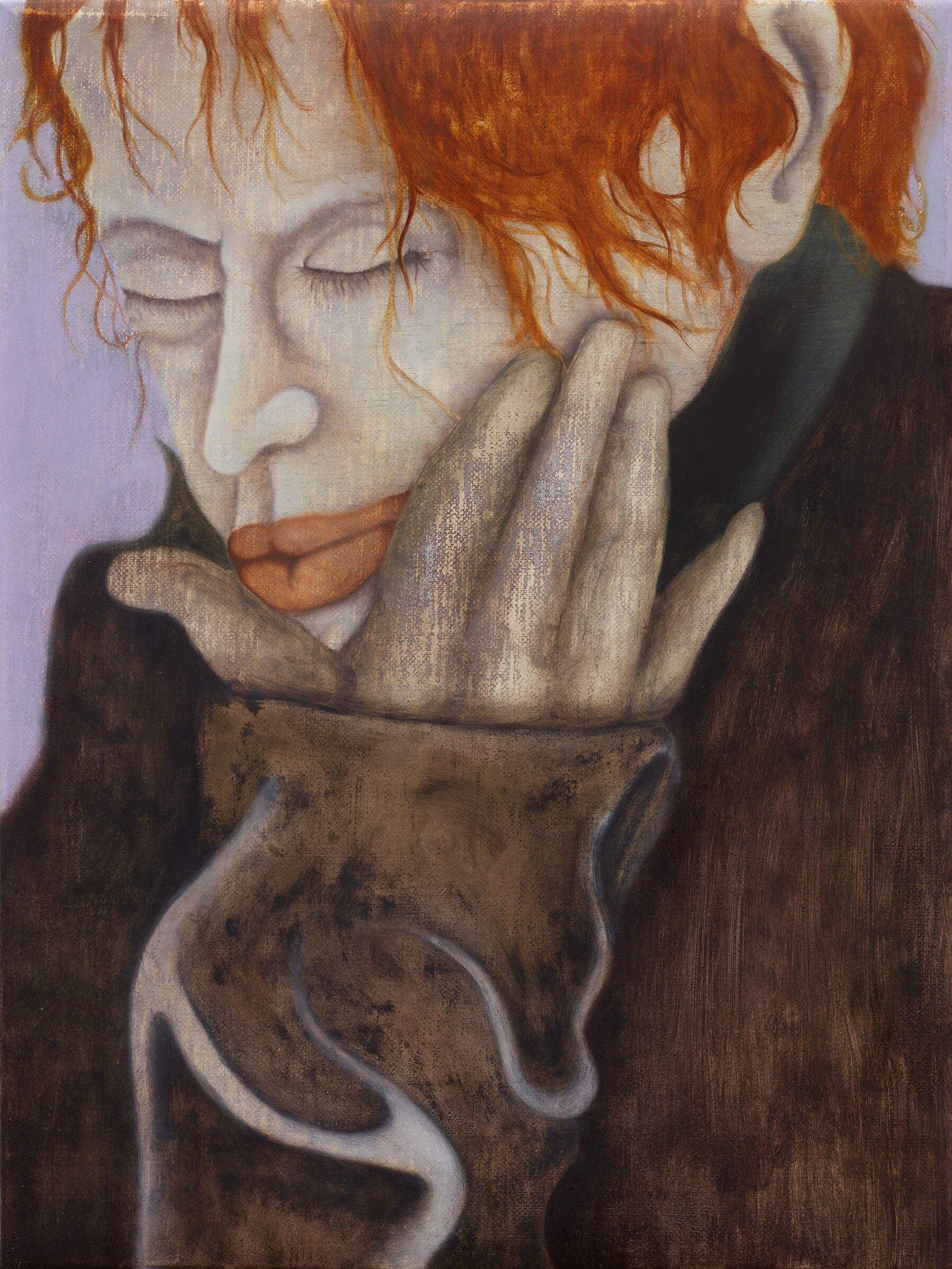 An Adam Alessi painting of a red-haired figure clutching their face