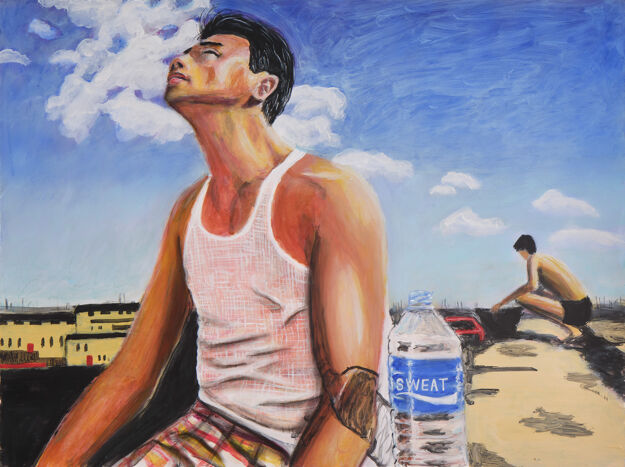 Daniel Wang's painting of a person sitting on a roof next to a water bottle that reads "sweat"