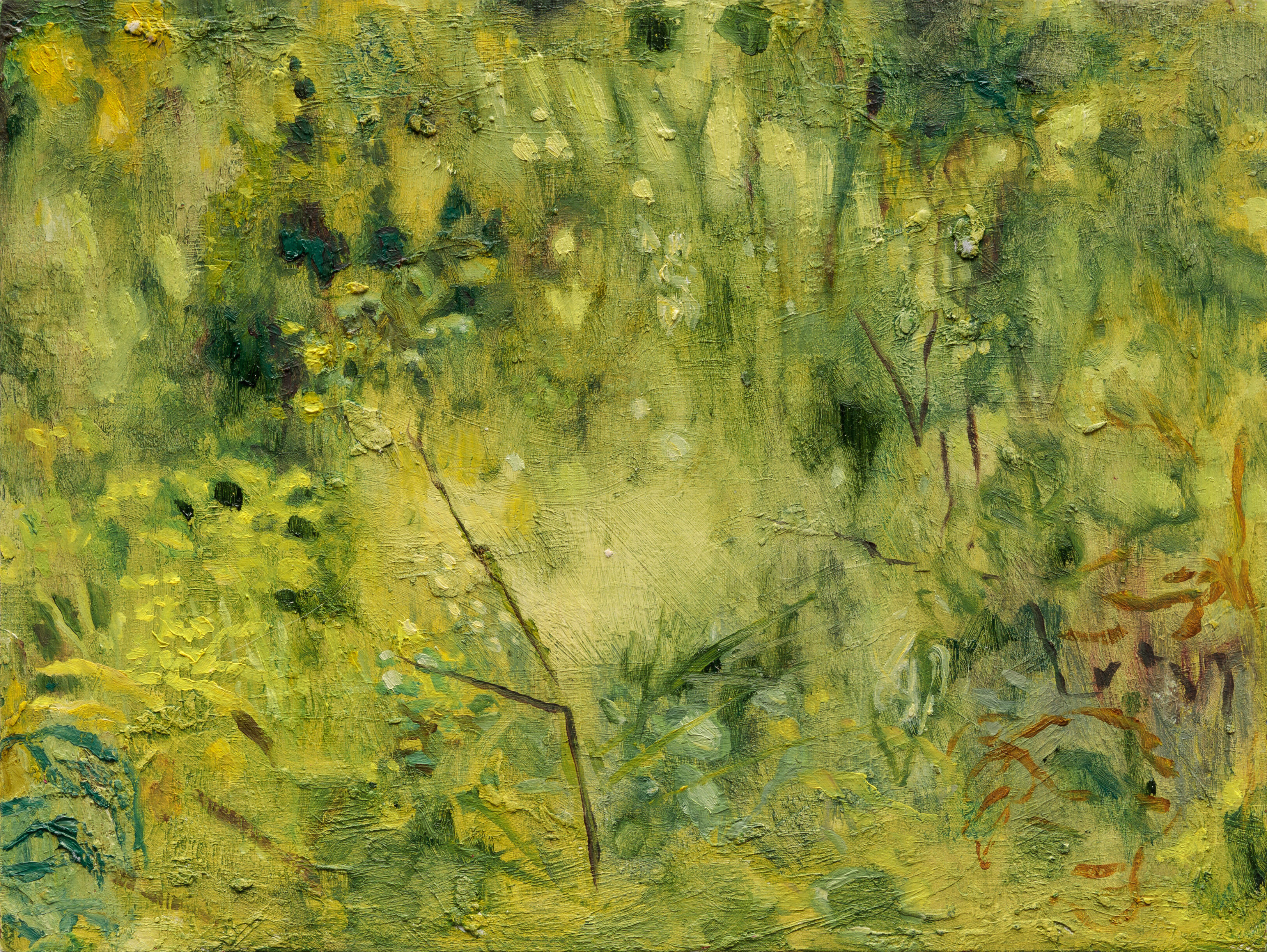 An abstract painting of a verdant landscape by Meris Drew