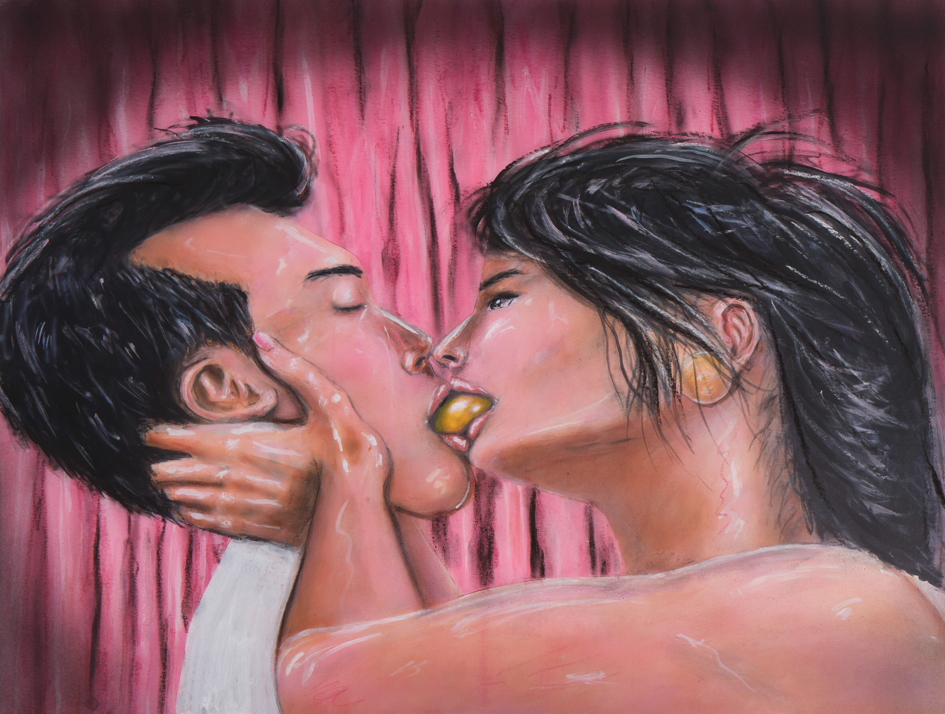 Daniel Wang's painting of two people kissing against the backdrop of a pink curtain
