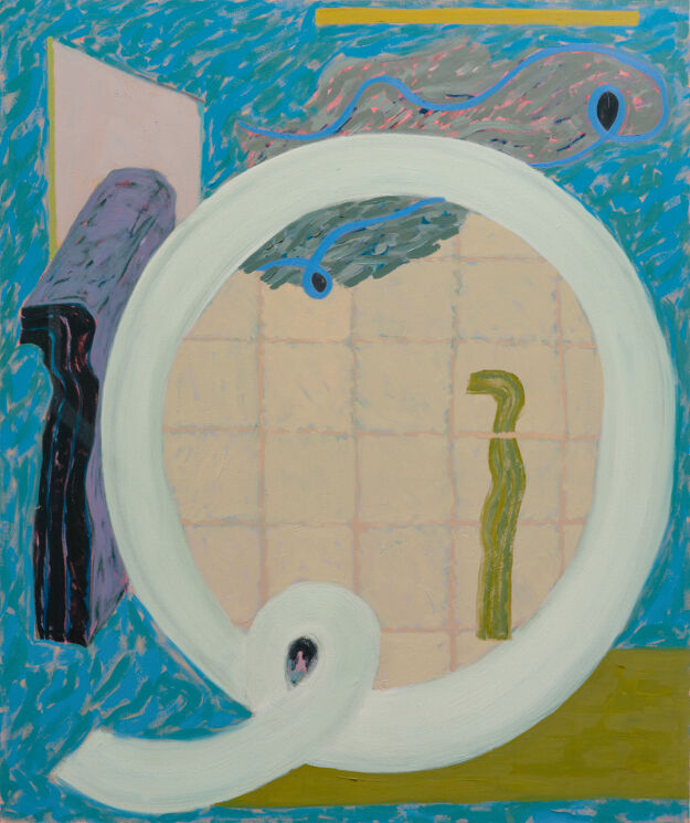 A Liz Ainslie painting of a green figure inside of a gridded white circular form