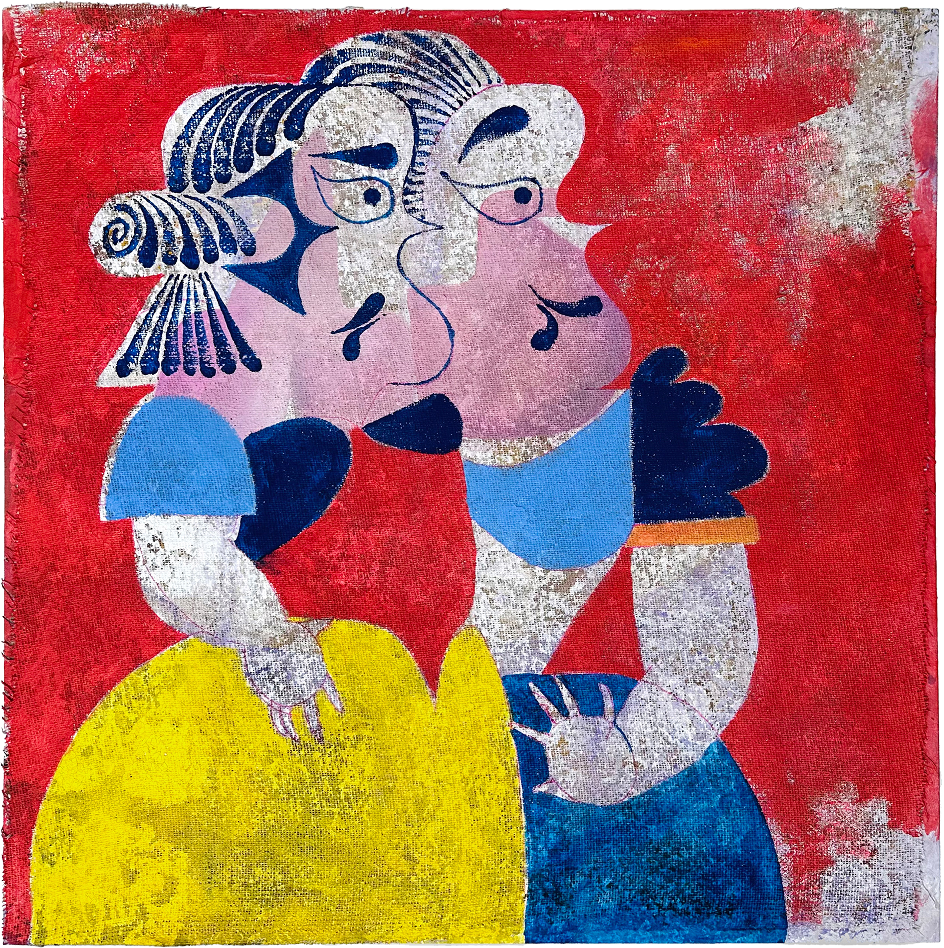 An abstracted, semi-joint portrait of Snow White against a bright red backdrop by the artist Guzzo Pinc