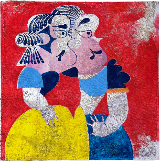 An abstracted, semi-joint portrait of Snow White against a bright red backdrop by the artist Guzzo Pinc