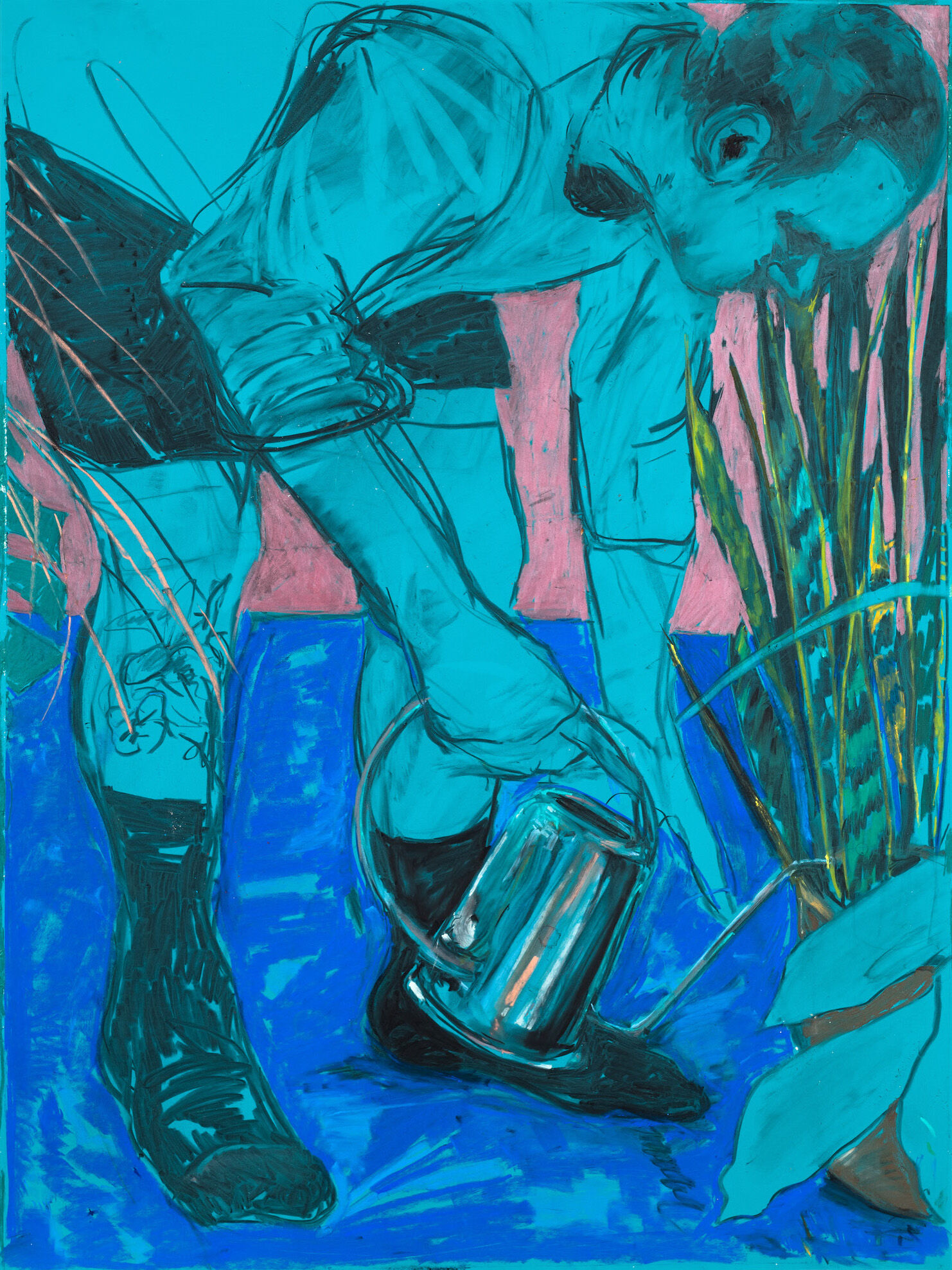 A blue-toned Anna Wehrwein painting of a person watering a snake plant