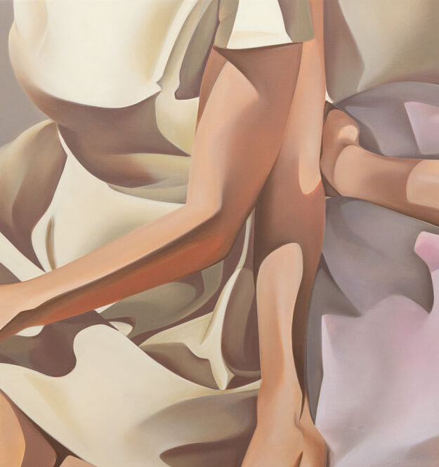 A Kathryn Mecca painting with a close crop of two individuals' torsos and three arms